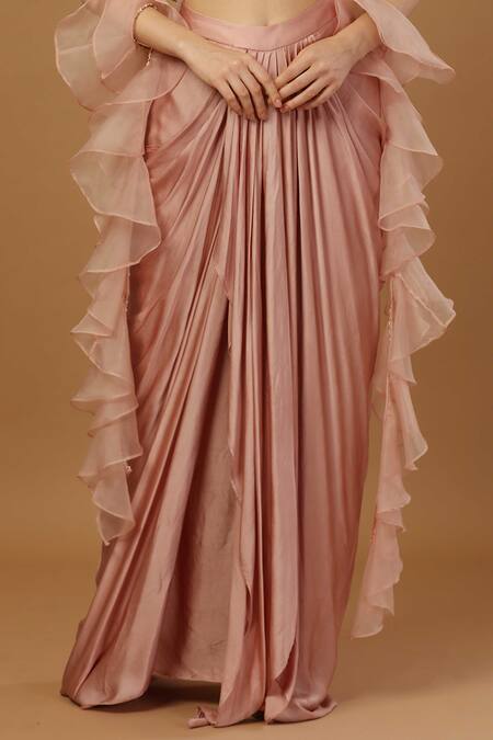 Buy Merge Design Pink Net, Modal, Organza Cut Work, Embroidered Blouse With Draped Dhoti Skirt Online at Aza Fashions Buy_Merge Design_Pink Net, Modal, Organza Cut Work, Embroidered Blouse With Draped Dhoti Skirt _Online_at_Aza_Fashions