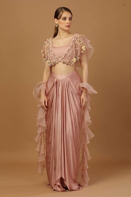 Shop Merge Design Pink Net, Modal, Organza Cut Work, Embroidered Blouse With Draped Dhoti Skirt Online at Aza Fashions Shop_Merge Design_Pink Net, Modal, Organza Cut Work, Embroidered Blouse With Draped Dhoti Skirt _Online_at_Aza_Fashions
