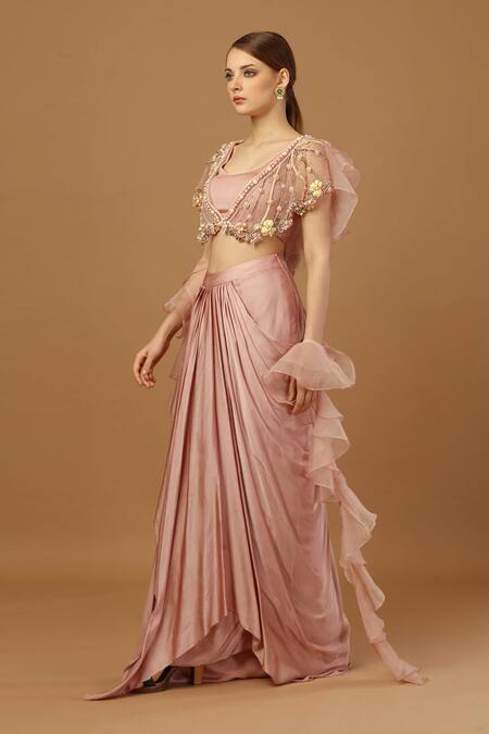 Merge Design Pink Net, Modal, Organza Cut Work, Embroidered Blouse With Draped Dhoti Skirt at Aza Fashions Merge Design_Pink Net, Modal, Organza Cut Work, Embroidered Blouse With Draped Dhoti Skirt _at_Aza_Fashions