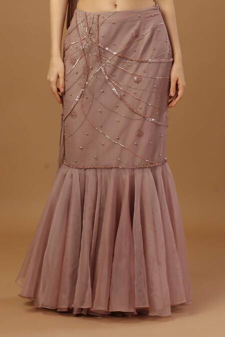 Buy_Merge Design_Pink Net, Organza, Chiffon Sequins, Beads, Tonal Embroidered Fish Cut Skirt Set _Online_at_Aza_Fashions