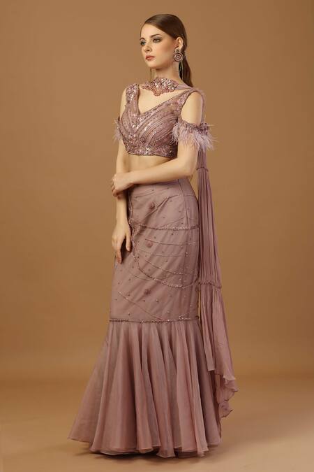 Shop_Merge Design_Pink Net, Organza, Chiffon Sequins, Beads, Tonal Embroidered Fish Cut Skirt Set _Online_at_Aza_Fashions