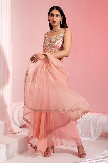 Swati Wadhwani Couture_Peach Georgette, Organza, Net Embroidery, Tasseled Blouse Draped Skirt Set _Online_at_Aza_Fashions