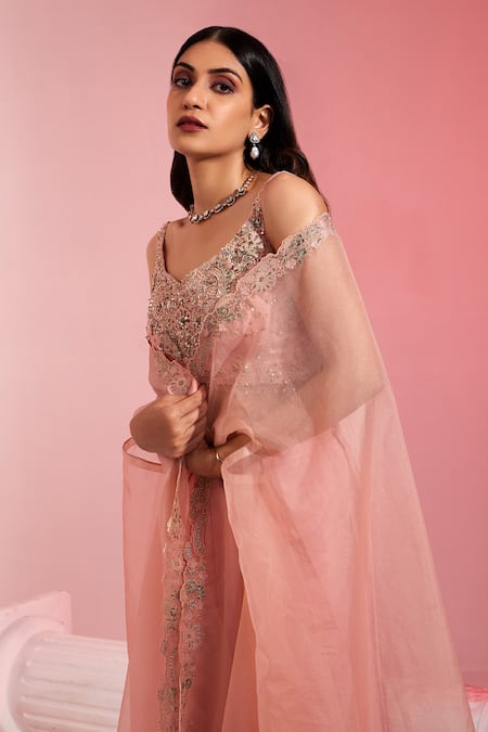 Buy_Swati Wadhwani Couture_Peach Georgette, Organza, Net Embroidery, Tasseled Blouse Draped Skirt Set _Online_at_Aza_Fashions