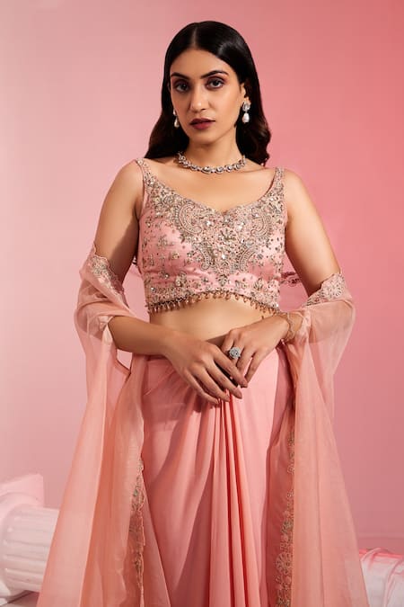 Shop_Swati Wadhwani Couture_Peach Georgette, Organza, Net Embroidery, Tasseled Blouse Draped Skirt Set _Online_at_Aza_Fashions