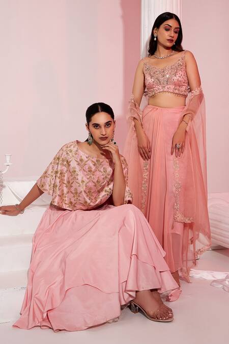 Swati Wadhwani Couture_Peach Georgette, Organza, Net Embroidery, Tasseled Blouse Draped Skirt Set _at_Aza_Fashions