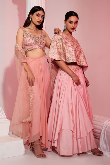 Buy_Swati Wadhwani Couture_Peach Georgette, Organza, Net Embroidery, Tasseled Blouse Draped Skirt Set 