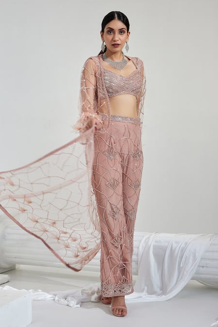 Shop Swati Wadhwani Couture Pink Net, Crepe, Satin Embroidery, Sequins, Cut Work Bead Jacket Pant Set at Aza Fashions Shop_Swati Wadhwani Couture_Pink Net, Crepe, Satin Embroidery, Sequins, Cut Work Bead Jacket Pant Set _at_Aza_Fashions