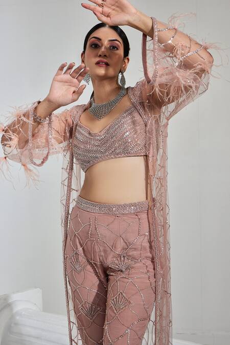 Swati Wadhwani Couture Pink Net, Crepe, Satin Embroidery, Sequins, Cut Work Bead Jacket Pant Set Online at Aza Fashions Swati Wadhwani Couture_Pink Net, Crepe, Satin Embroidery, Sequins, Cut Work Bead Jacket Pant Set _Online_at_Aza_Fashions
