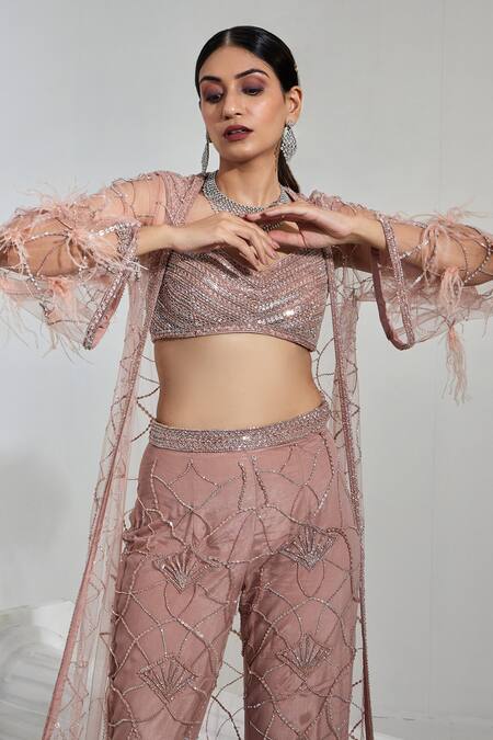 Buy Swati Wadhwani Couture Pink Net, Crepe, Satin Embroidery, Sequins, Cut Work Bead Jacket Pant Set Online at Aza Fashions Buy_Swati Wadhwani Couture_Pink Net, Crepe, Satin Embroidery, Sequins, Cut Work Bead Jacket Pant Set _Online_at_Aza_Fashions
