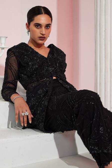 Swati Wadhwani Couture_Black Net, Satin Embroidery, Cut Work V-neck Peplum Jacket Pant Set _Online_at_Aza_Fashions