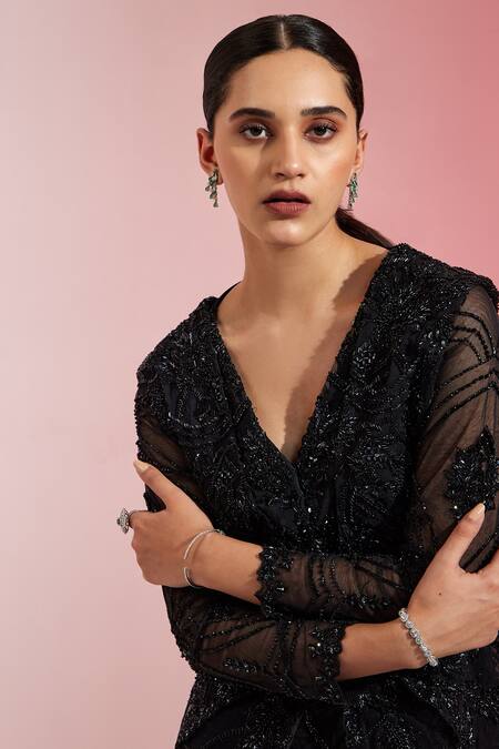 Buy_Swati Wadhwani Couture_Black Net, Satin Embroidery, Cut Work V-neck Peplum Jacket Pant Set _Online_at_Aza_Fashions