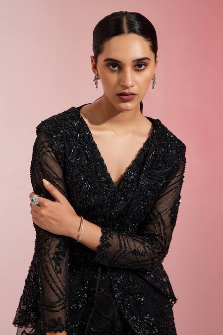 Shop_Swati Wadhwani Couture_Black Net, Satin Embroidery, Cut Work V-neck Peplum Jacket Pant Set _Online_at_Aza_Fashions