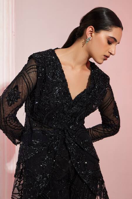 Swati Wadhwani Couture_Black Net, Satin Embroidery, Cut Work V-neck Peplum Jacket Pant Set _at_Aza_Fashions