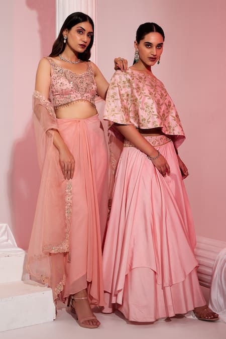 Swati Wadhwani Couture Pink Silk Embroidery, Sequins One Shoulder Lehenga Set Online at Aza Fashions Swati Wadhwani Couture_Pink Silk Embroidery, Sequins One Shoulder Lehenga Set _Online_at_Aza_Fashions