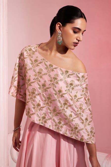 Shop Swati Wadhwani Couture Pink Silk Embroidery, Sequins One Shoulder Lehenga Set Online at Aza Fashions Shop_Swati Wadhwani Couture_Pink Silk Embroidery, Sequins One Shoulder Lehenga Set _Online_at_Aza_Fashions