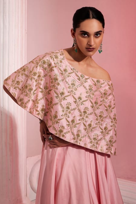 Swati Wadhwani Couture Pink Silk Embroidery, Sequins One Shoulder Lehenga Set at Aza Fashions Swati Wadhwani Couture_Pink Silk Embroidery, Sequins One Shoulder Lehenga Set _at_Aza_Fashions