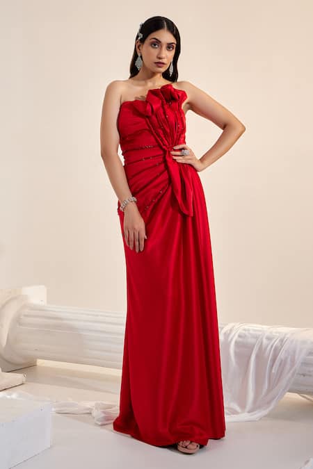Buy_Swati Wadhwani Couture_Red Satin Cut Work Off-shoulder Draped Slit Gown _Online_at_Aza_Fashions