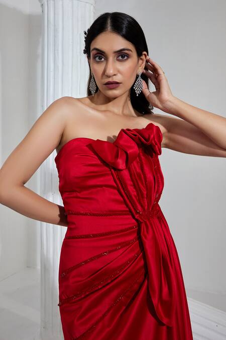 Shop_Swati Wadhwani Couture_Red Satin Cut Work Off-shoulder Draped Slit Gown _Online_at_Aza_Fashions