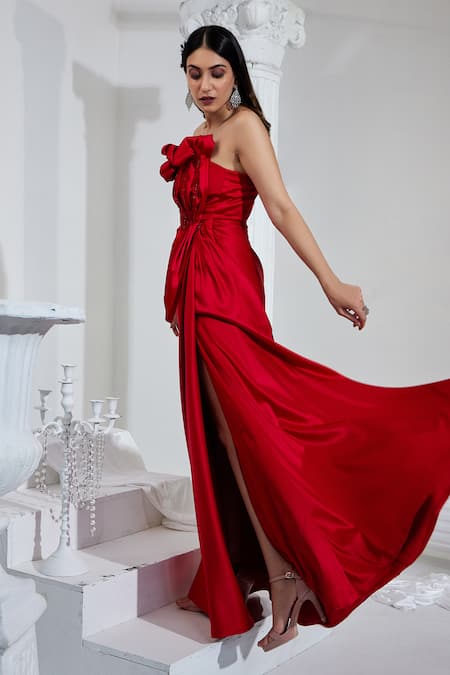 Swati Wadhwani Couture_Red Satin Cut Work Off-shoulder Draped Slit Gown _at_Aza_Fashions