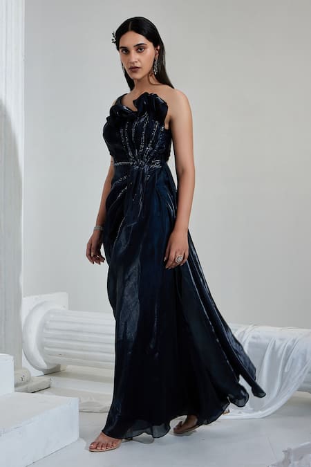 Shop Swati Wadhwani Couture Blue Organza Embroidery, Cut Work One Shoulder Draped Gown at Aza Fashions Shop_Swati Wadhwani Couture_Blue Organza Embroidery, Cut Work One Shoulder Draped Gown _at_Aza_Fashions