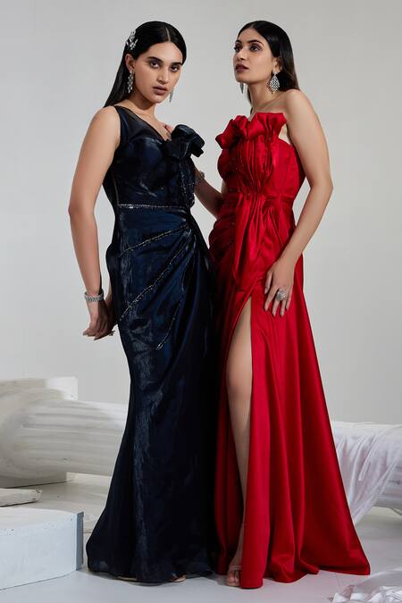 Swati Wadhwani Couture Blue Organza Embroidery, Cut Work One Shoulder Draped Gown Online at Aza Fashions Swati Wadhwani Couture_Blue Organza Embroidery, Cut Work One Shoulder Draped Gown _Online_at_Aza_Fashions