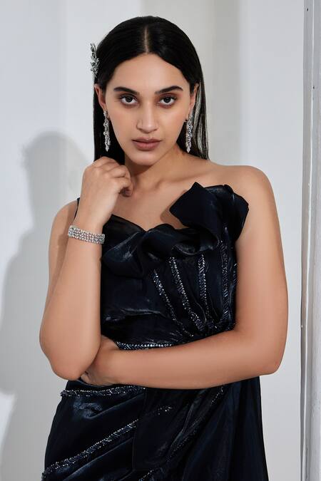 Swati Wadhwani Couture Blue Organza Embroidery, Cut Work One Shoulder Draped Gown at Aza Fashions Swati Wadhwani Couture_Blue Organza Embroidery, Cut Work One Shoulder Draped Gown _at_Aza_Fashions