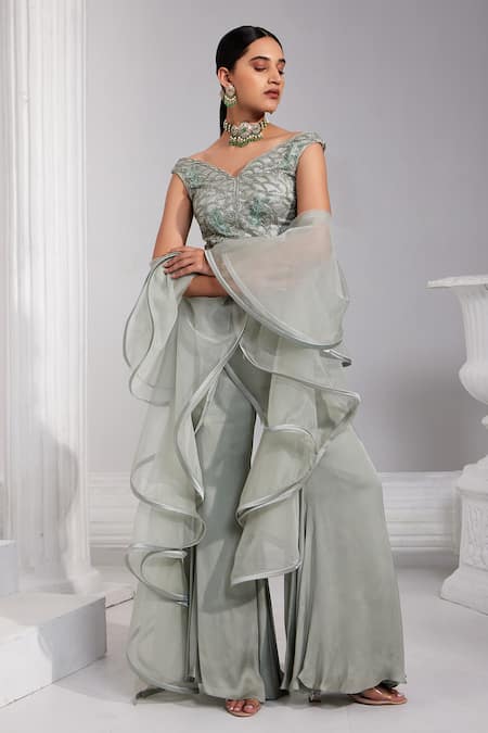 Shop Swati Wadhwani Couture Grey Organza, Satin, Georgette Sequins, Embroidery Short Kurta Sharara Set at Aza Fashions Shop_Swati Wadhwani Couture_Grey Organza, Satin, Georgette Sequins, Embroidery Short Kurta Sharara Set _at_Aza_Fashions
