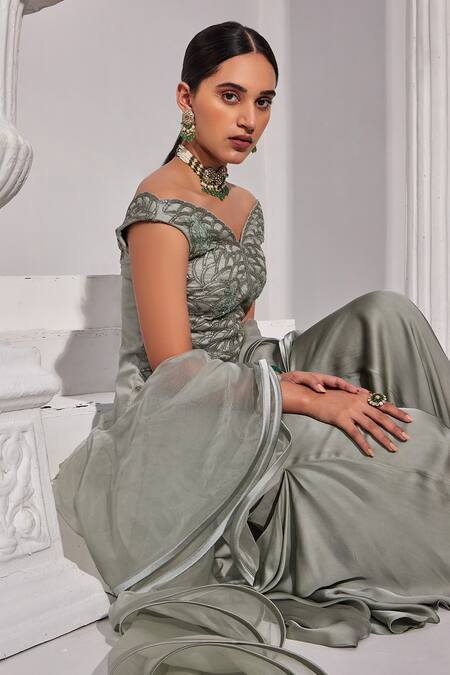 Shop Swati Wadhwani Couture Grey Organza, Satin, Georgette Sequins, Embroidery Short Kurta Sharara Set Online at Aza Fashions Shop_Swati Wadhwani Couture_Grey Organza, Satin, Georgette Sequins, Embroidery Short Kurta Sharara Set _Online_at_Aza_Fashions