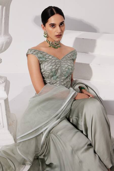 Swati Wadhwani Couture Grey Organza, Satin, Georgette Sequins, Embroidery Short Kurta Sharara Set at Aza Fashions Swati Wadhwani Couture_Grey Organza, Satin, Georgette Sequins, Embroidery Short Kurta Sharara Set _at_Aza_Fashions