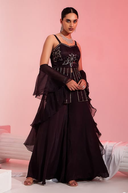 Shop Swati Wadhwani Couture Brown Organza, Crepe Cut Work, Sequins And Cutdana Embroidered Kurta Sharara Set at Aza Fashions Shop_Swati Wadhwani Couture_Brown Organza, Crepe Cut Work, Sequins And Cutdana Embroidered Kurta Sharara Set _at_Aza_Fashions