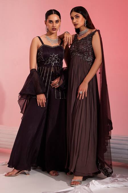 Swati Wadhwani Couture Brown Organza, Crepe Cut Work, Sequins And Cutdana Embroidered Kurta Sharara Set Online at Aza Fashions Swati Wadhwani Couture_Brown Organza, Crepe Cut Work, Sequins And Cutdana Embroidered Kurta Sharara Set _Online_at_Aza_Fashions