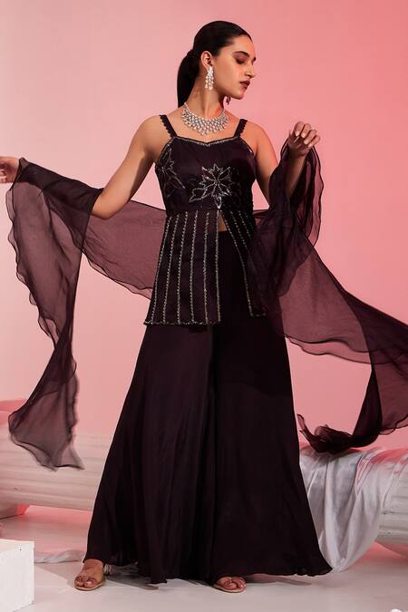 Buy Swati Wadhwani Couture Brown Organza, Crepe Cut Work, Sequins And Cutdana Embroidered Kurta Sharara Set Online at Aza Fashions Buy_Swati Wadhwani Couture_Brown Organza, Crepe Cut Work, Sequins And Cutdana Embroidered Kurta Sharara Set _Online_at_Aza_Fashions