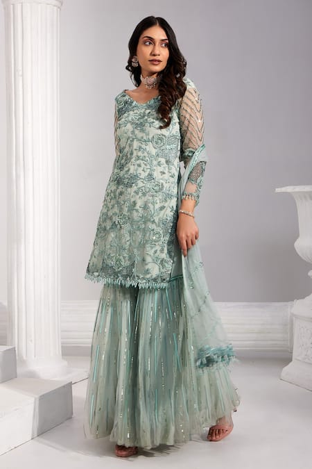 Shop Swati Wadhwani Couture Blue Viscose, Crepe Embroidery, Sequins, Beads V-neck Floral Sharara Set at Aza Fashions Shop_Swati Wadhwani Couture_Blue Viscose, Crepe Embroidery, Sequins, Beads V-neck Floral Sharara Set _at_Aza_Fashions