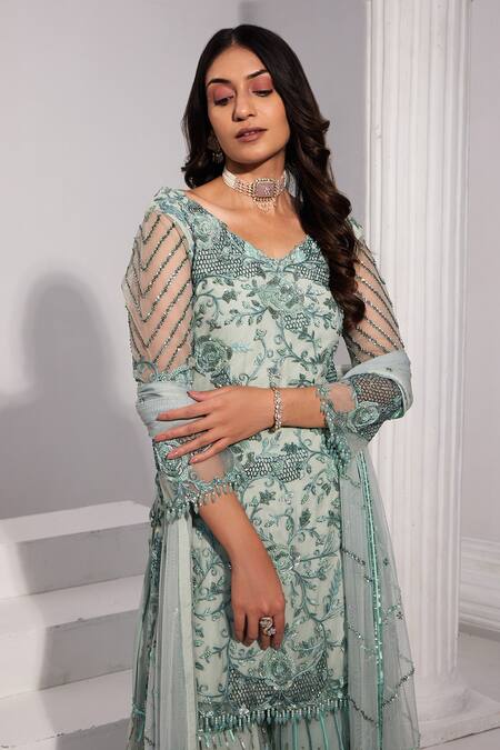 Buy Swati Wadhwani Couture Blue Viscose, Crepe Embroidery, Sequins, Beads V-neck Floral Sharara Set Online at Aza Fashions Buy_Swati Wadhwani Couture_Blue Viscose, Crepe Embroidery, Sequins, Beads V-neck Floral Sharara Set _Online_at_Aza_Fashions