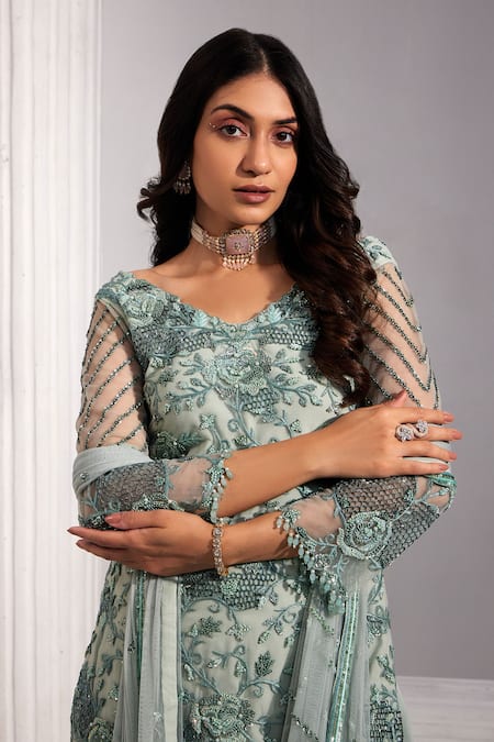 Shop Swati Wadhwani Couture Blue Viscose, Crepe Embroidery, Sequins, Beads V-neck Floral Sharara Set Online at Aza Fashions Shop_Swati Wadhwani Couture_Blue Viscose, Crepe Embroidery, Sequins, Beads V-neck Floral Sharara Set _Online_at_Aza_Fashions