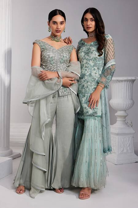Swati Wadhwani Couture Blue Viscose, Crepe Embroidery, Sequins, Beads V-neck Floral Sharara Set at Aza Fashions Swati Wadhwani Couture_Blue Viscose, Crepe Embroidery, Sequins, Beads V-neck Floral Sharara Set _at_Aza_Fashions