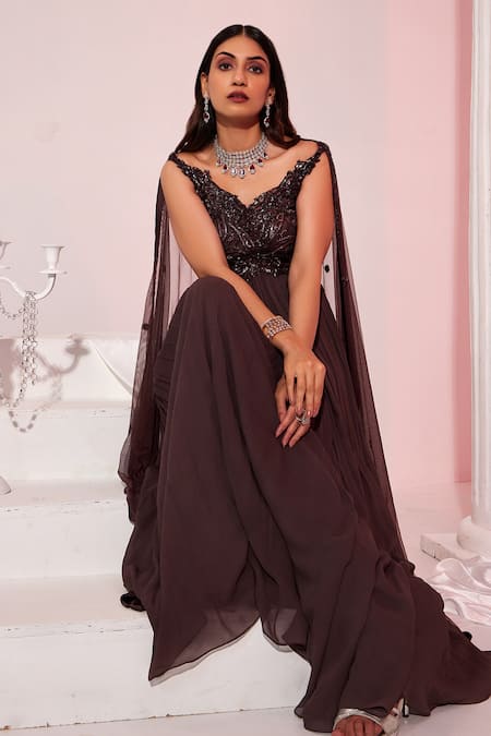 Shop Swati Wadhwani Couture Brown Net, Crepe, Georgette Sequins, Cut Work Embroidered Anarkali With Dupatta at Aza Fashions Shop_Swati Wadhwani Couture_Brown Net, Crepe, Georgette Sequins, Cut Work Embroidered Anarkali With Dupatta _at_Aza_Fashions