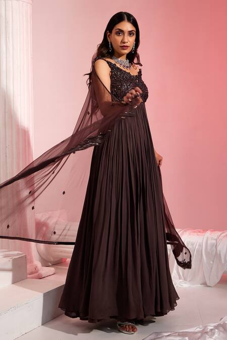 Swati Wadhwani Couture Brown Net, Crepe, Georgette Sequins, Cut Work Embroidered Anarkali With Dupatta Online at Aza Fashions Swati Wadhwani Couture_Brown Net, Crepe, Georgette Sequins, Cut Work Embroidered Anarkali With Dupatta _Online_at_Aza_Fashions