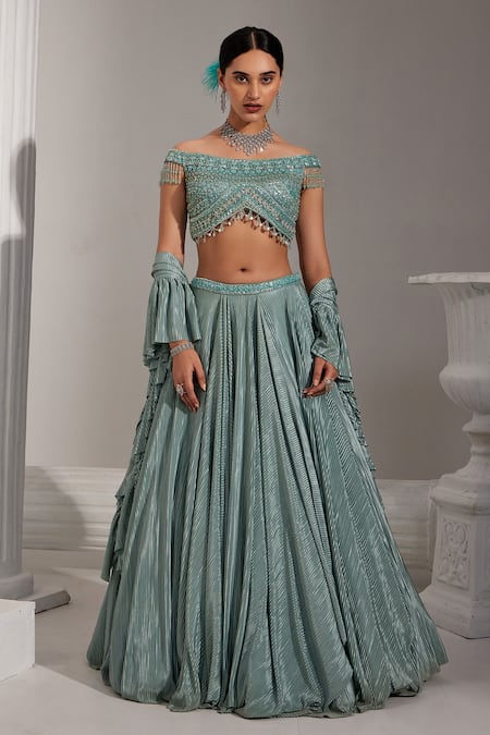 Shop Swati Wadhwani Couture Blue Net, Satin Sequins, Cut Work Off-shoulder Embroidered Draped Lehenga Set at Aza Fashions Shop_Swati Wadhwani Couture_Blue Net, Satin Sequins, Cut Work Off-shoulder Embroidered Draped Lehenga Set _at_Aza_Fashions