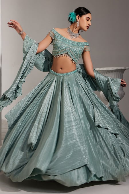 Swati Wadhwani Couture Blue Net, Satin Sequins, Cut Work Off-shoulder Embroidered Draped Lehenga Set Online at Aza Fashions Swati Wadhwani Couture_Blue Net, Satin Sequins, Cut Work Off-shoulder Embroidered Draped Lehenga Set _Online_at_Aza_Fashions