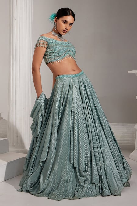 Buy Swati Wadhwani Couture Blue Net, Satin Sequins, Cut Work Off-shoulder Embroidered Draped Lehenga Set Online at Aza Fashions Buy_Swati Wadhwani Couture_Blue Net, Satin Sequins, Cut Work Off-shoulder Embroidered Draped Lehenga Set _Online_at_Aza_Fashions