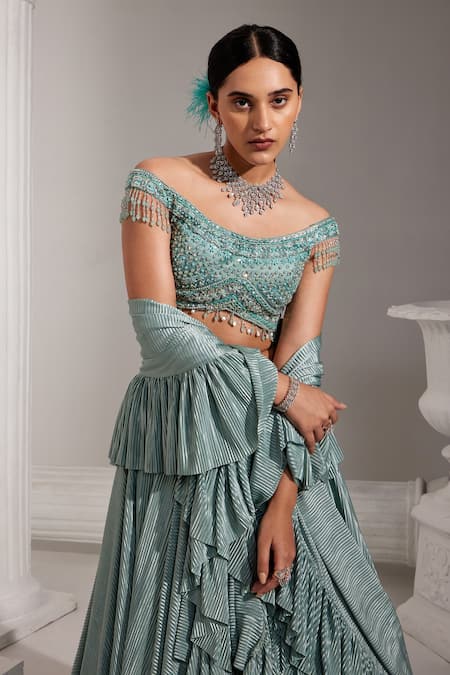Shop Swati Wadhwani Couture Blue Net, Satin Sequins, Cut Work Off-shoulder Embroidered Draped Lehenga Set Online at Aza Fashions Shop_Swati Wadhwani Couture_Blue Net, Satin Sequins, Cut Work Off-shoulder Embroidered Draped Lehenga Set _Online_at_Aza_Fashions
