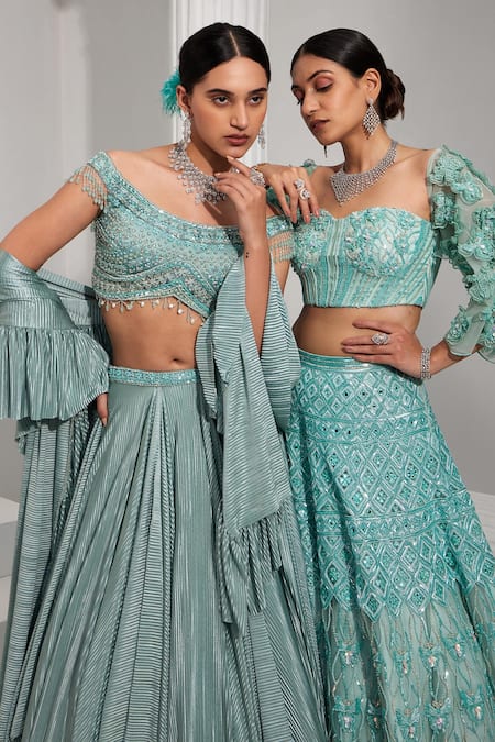 Swati Wadhwani Couture Blue Net, Satin Sequins, Cut Work Off-shoulder Embroidered Draped Lehenga Set at Aza Fashions Swati Wadhwani Couture_Blue Net, Satin Sequins, Cut Work Off-shoulder Embroidered Draped Lehenga Set _at_Aza_Fashions