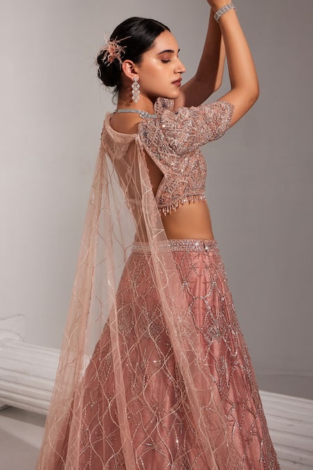 Shop Swati Wadhwani Couture Pink Net, Silk, Denim Sequins, Cut Work Round Embroidered Bridal Lehenga Set at Aza Fashions Shop_Swati Wadhwani Couture_Pink Net, Silk, Denim Sequins, Cut Work Round Embroidered Bridal Lehenga Set _at_Aza_Fashions