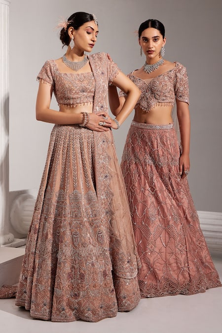 Swati Wadhwani Couture Pink Net, Silk, Denim Sequins, Cut Work Round Embroidered Bridal Lehenga Set Online at Aza Fashions Swati Wadhwani Couture_Pink Net, Silk, Denim Sequins, Cut Work Round Embroidered Bridal Lehenga Set _Online_at_Aza_Fashions