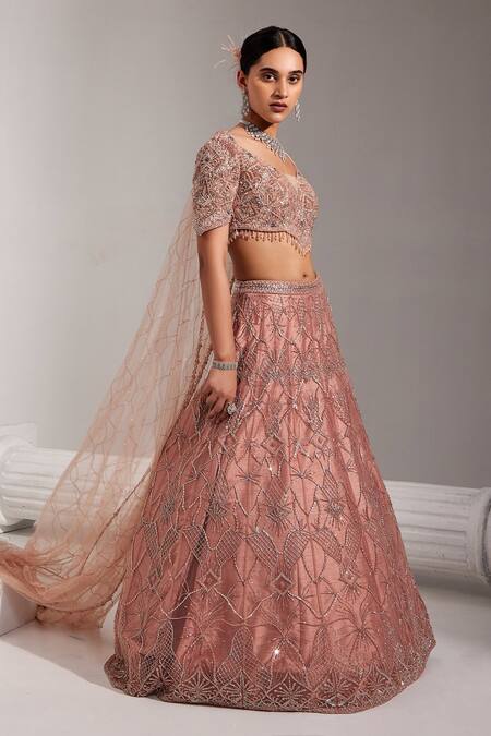 Buy Swati Wadhwani Couture Pink Net, Silk, Denim Sequins, Cut Work Round Embroidered Bridal Lehenga Set Online at Aza Fashions Buy_Swati Wadhwani Couture_Pink Net, Silk, Denim Sequins, Cut Work Round Embroidered Bridal Lehenga Set _Online_at_Aza_Fashions