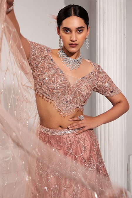 Shop Swati Wadhwani Couture Pink Net, Silk, Denim Sequins, Cut Work Round Embroidered Bridal Lehenga Set Online at Aza Fashions Shop_Swati Wadhwani Couture_Pink Net, Silk, Denim Sequins, Cut Work Round Embroidered Bridal Lehenga Set _Online_at_Aza_Fashions