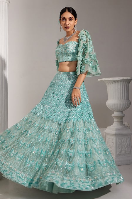 Shop Swati Wadhwani Couture Blue Net, Denim Sequins, Applique Embroidered Lehenga With Floral Work Blouse at Aza Fashions Shop_Swati Wadhwani Couture_Blue Net, Denim Sequins, Applique Embroidered Lehenga With Floral Work Blouse _at_Aza_Fashions