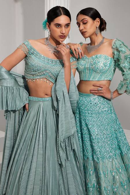Swati Wadhwani Couture Blue Net, Denim Sequins, Applique Embroidered Lehenga With Floral Work Blouse Online at Aza Fashions Swati Wadhwani Couture_Blue Net, Denim Sequins, Applique Embroidered Lehenga With Floral Work Blouse _Online_at_Aza_Fashions