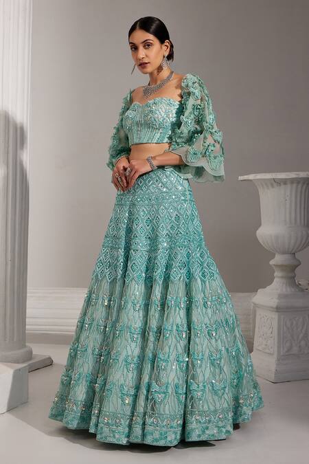 Buy Swati Wadhwani Couture Blue Net, Denim Sequins, Applique Embroidered Lehenga With Floral Work Blouse Online at Aza Fashions Buy_Swati Wadhwani Couture_Blue Net, Denim Sequins, Applique Embroidered Lehenga With Floral Work Blouse _Online_at_Aza_Fashions